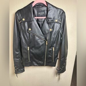 Guess Black Leather Moto Jacket with Gold Accents